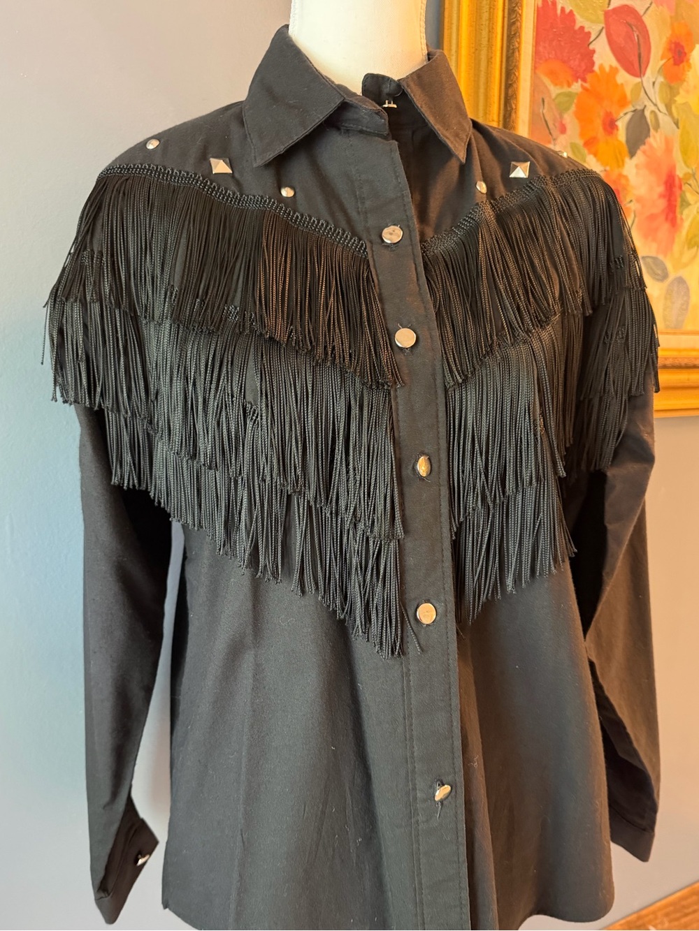 Vintage Black Fringe Button-Down Shirt